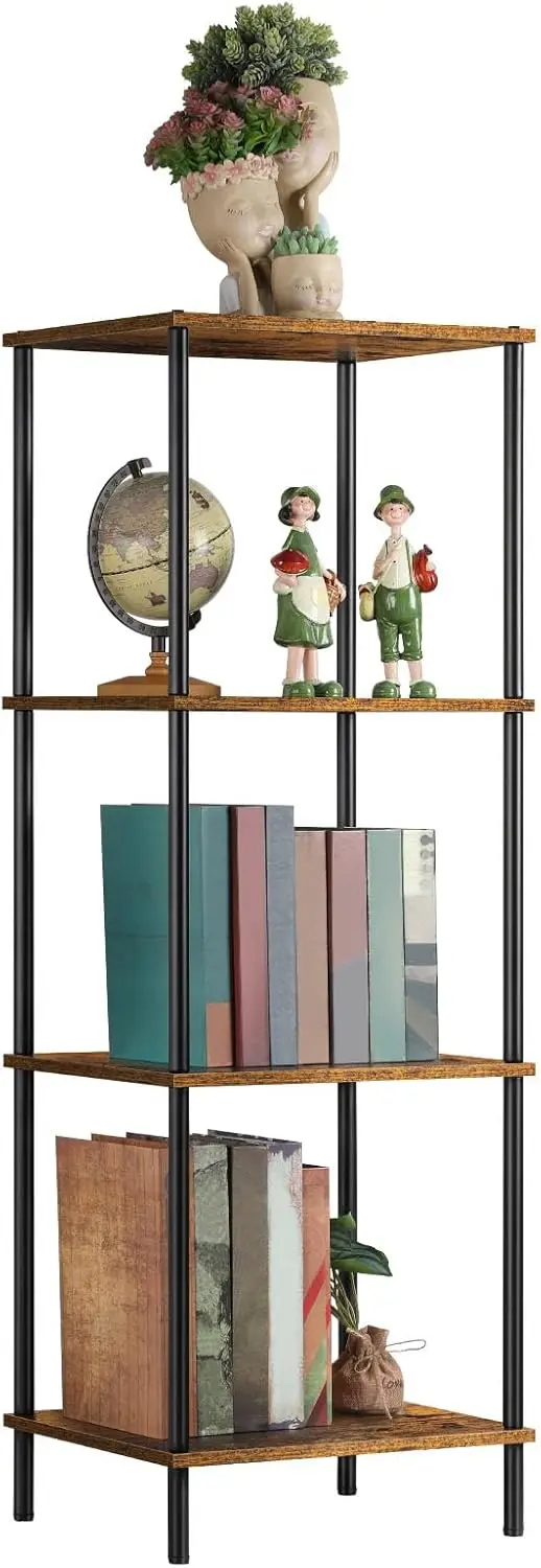 

Tall Skinny End Table, 4-Tier Wood Nightstand with Storage, Rustic Brown, Bedroom or Office Side Table