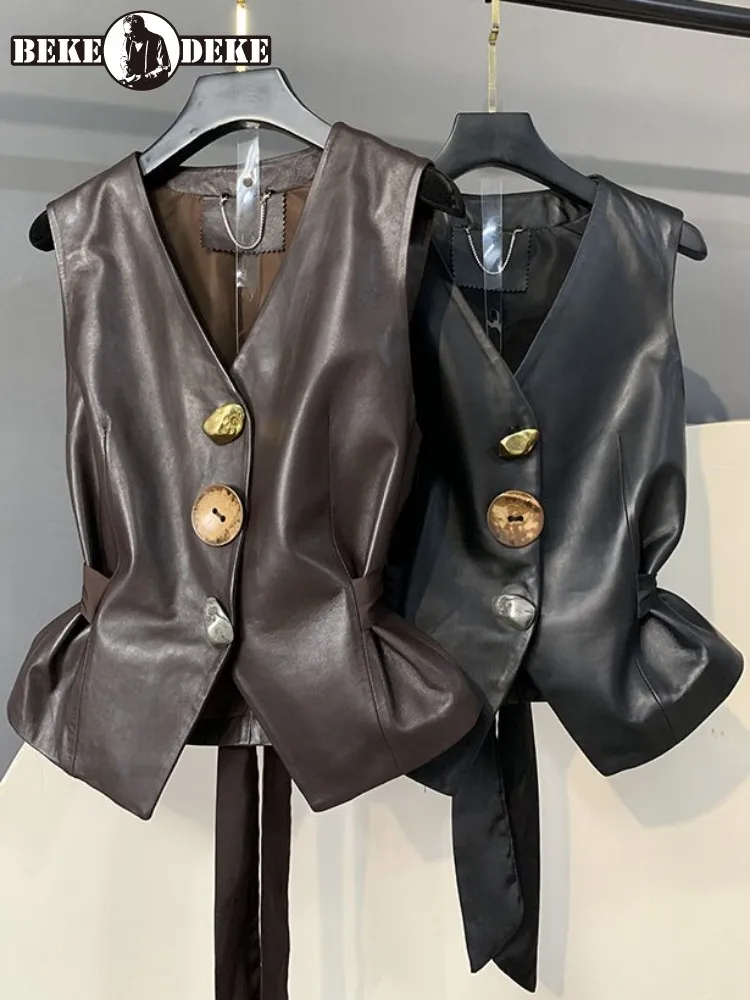 Office Female Solid Color Genuine Leather V Neck Vest Design Single-Breasted Adjustable Waist Sheepskin Sleeveless Outerwear