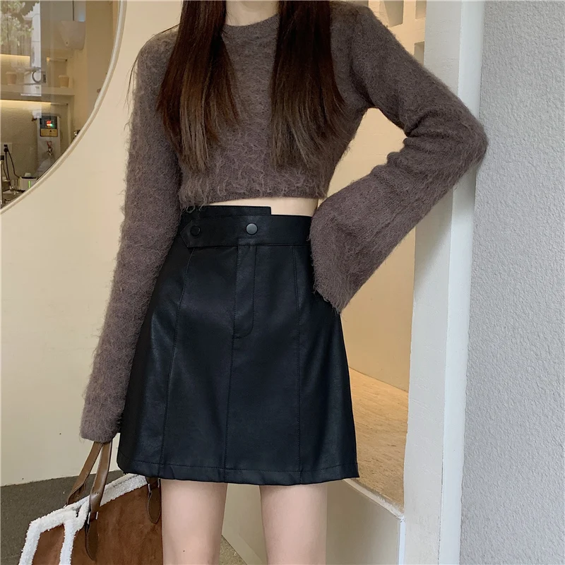 

Юбка А-силуэта с высокой талией из искусственной кожи для женщин больших размеров, осенне-зимняя, утягивающая, облегающая, короткая/длинная юбка-карандаш