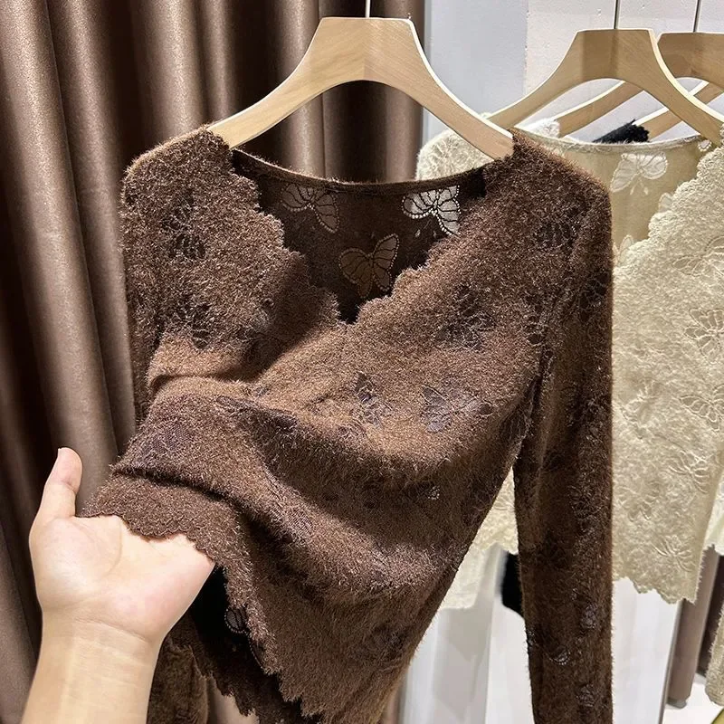 Brushed Lace Long-sleeved Bottoming Women's 2025 Autumn and Winter New V-neck High-end Soft Waxy Slim Inner T-shirt Top