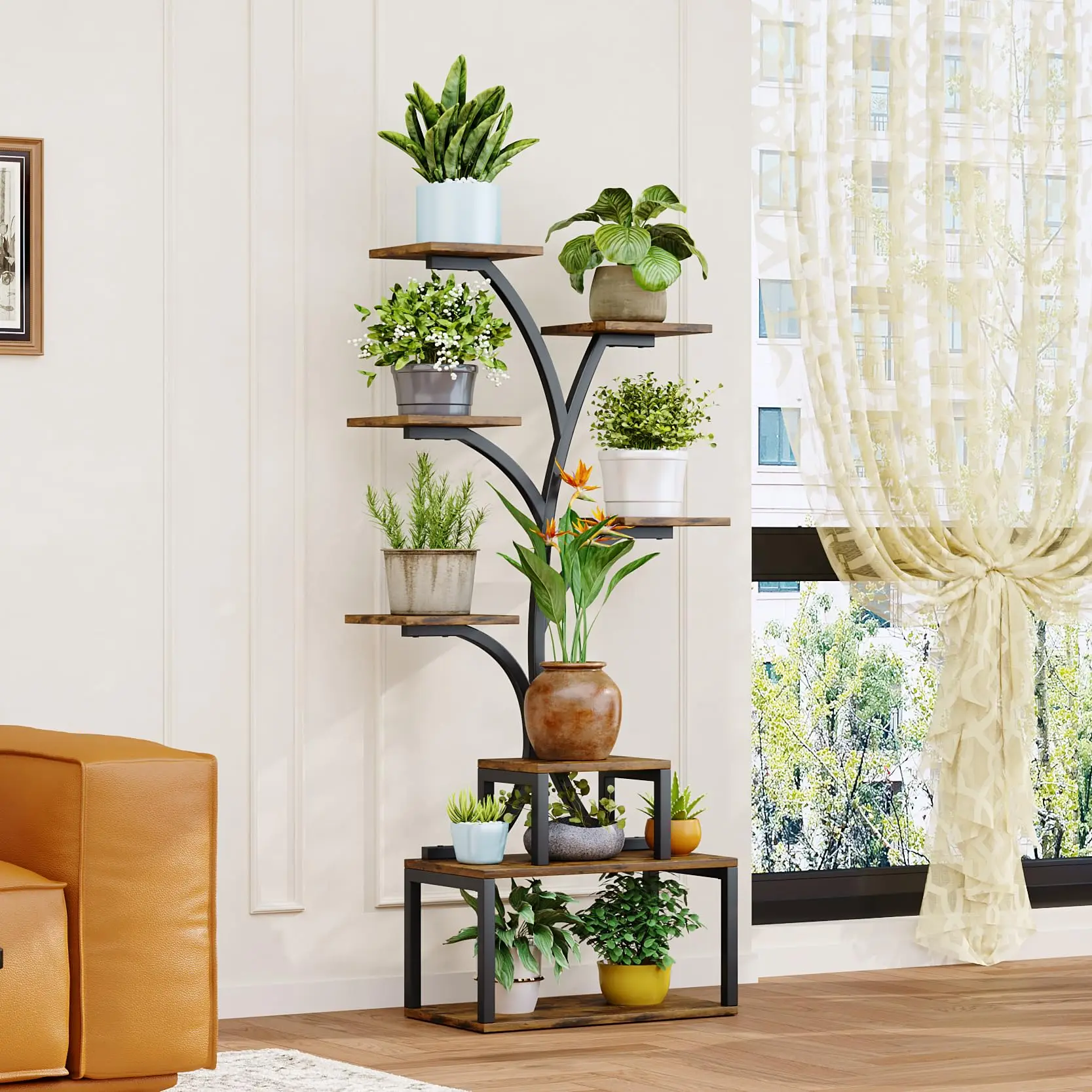 Plant Stand Tall Tree-Shaped Flower Rack Indoor Outdoor Giant Sheet Multiple Flower Display for Home Gardening