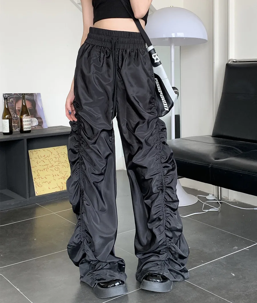 Calças femininas confortáveis cordão sólido shirring retro ins 2025 cintura alta novas senhoras pretas diariamente hip-hop dancewear