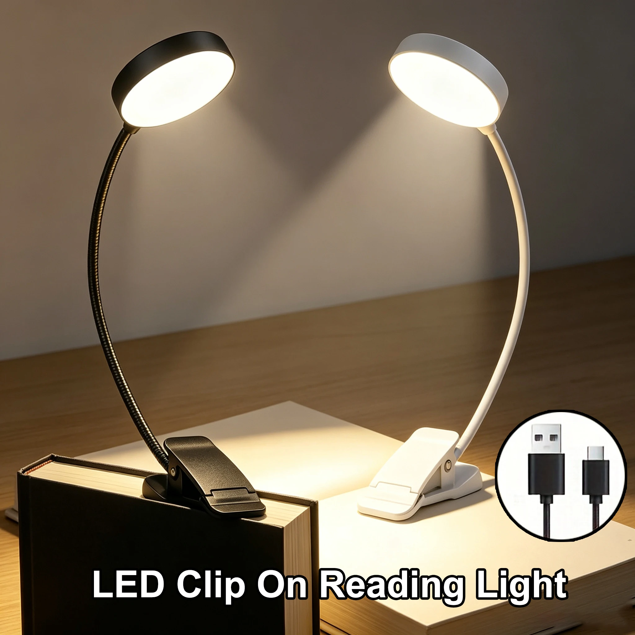 1/2Pack LED Clip On Reading Light 3 Color Model 10 Brightness USB Rechargeable  360° Adjustable Gooseneck for Books in Bed