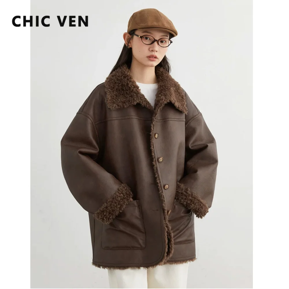 CHIC VEN Women Faux Leather PU Jacket Loose Casual Reversible Overcoat Retro Ladies Outerwear Oversize Coat Autumn Winter 2026