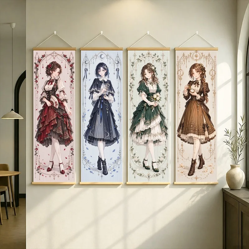 Anime Girls in Dark Gothic Dresses Hanging Scroll with Red, Navy, Green and Brown Floral Designs for a Cozy Reading Nook