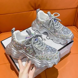 Women Leather New Style Fashion Platform Tide Shine Bling Rhinestone Crystal ShoesYouth Girls Outdoor Chunky Walking Sneakers