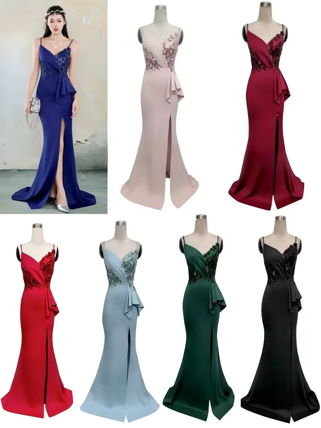 Robe de soirée bleu marine personnalisée, bretelles Spaghetti, dentelle appliquée, sirène, mode dame, robe de célébrité, MXY202510