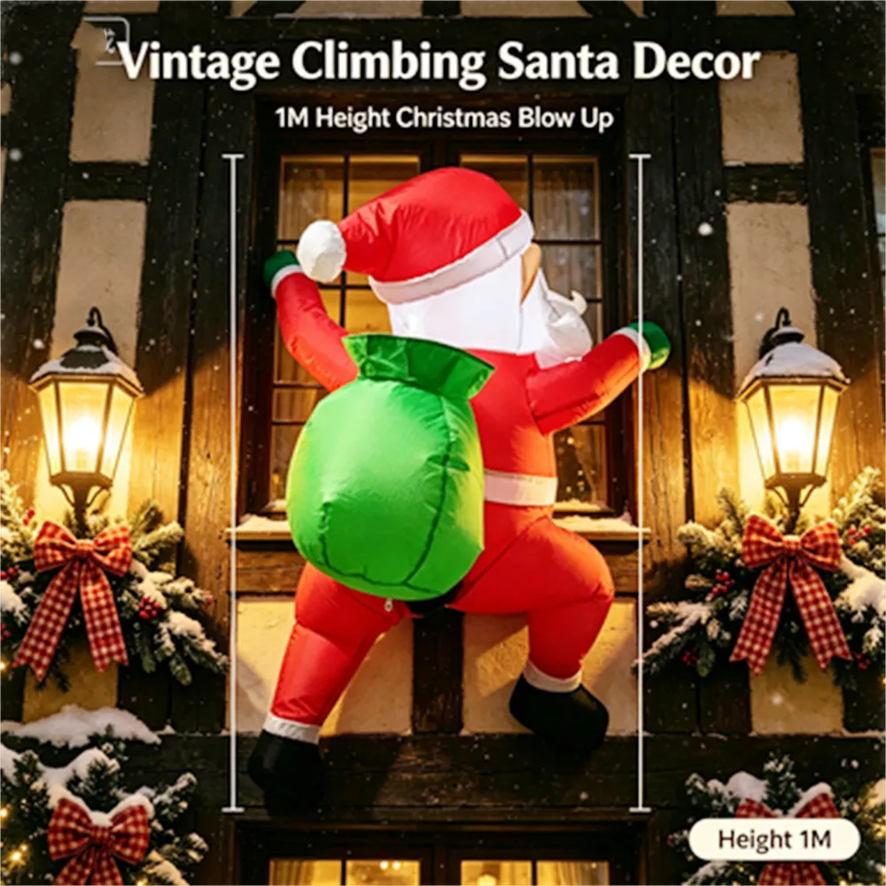 1M Funny Climbing Inflatable Santa Claus Back View With Gift Bag LED Light Up Christmas Blow Up Decoration Outdoor Wall Hanging