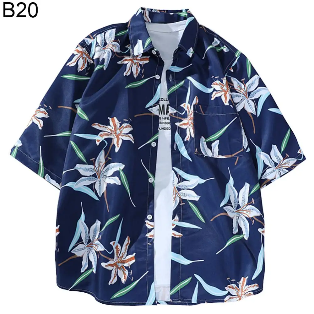 

Men Shirt Loose Summer Beach Shirt Floral Print Turn Down Collar Half Sleeve Top