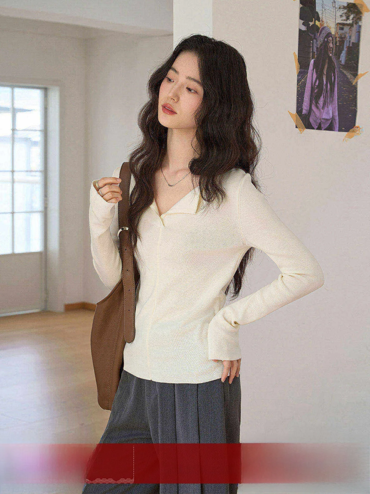 

MoZao Slim Fit Long Sve Knitted Sweater Women's Inner Wear oulder Length round Ne Base irt Korean Sle Commute Faion
