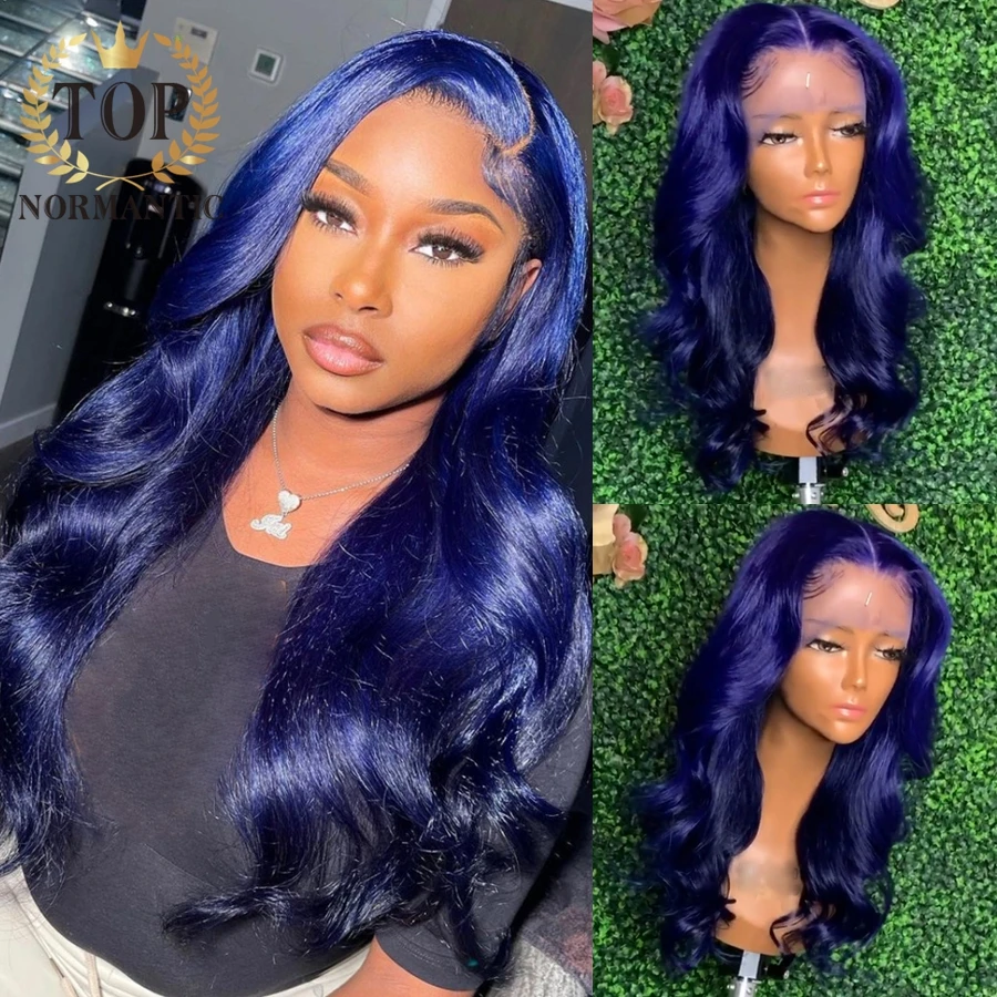 Topnormantic Blue Colored 13x6 Lace Front Wigs Preplucked Hairline Brazilian Remy Human Hair 4x4 Lace Closure Wig For Women