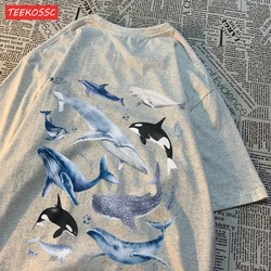 Fashion Cotton Women'S T-Shirts Ocean And Whales Printing Tops Oversize O-Neck Soft Short Sleeve Summer Casual Female Clothes