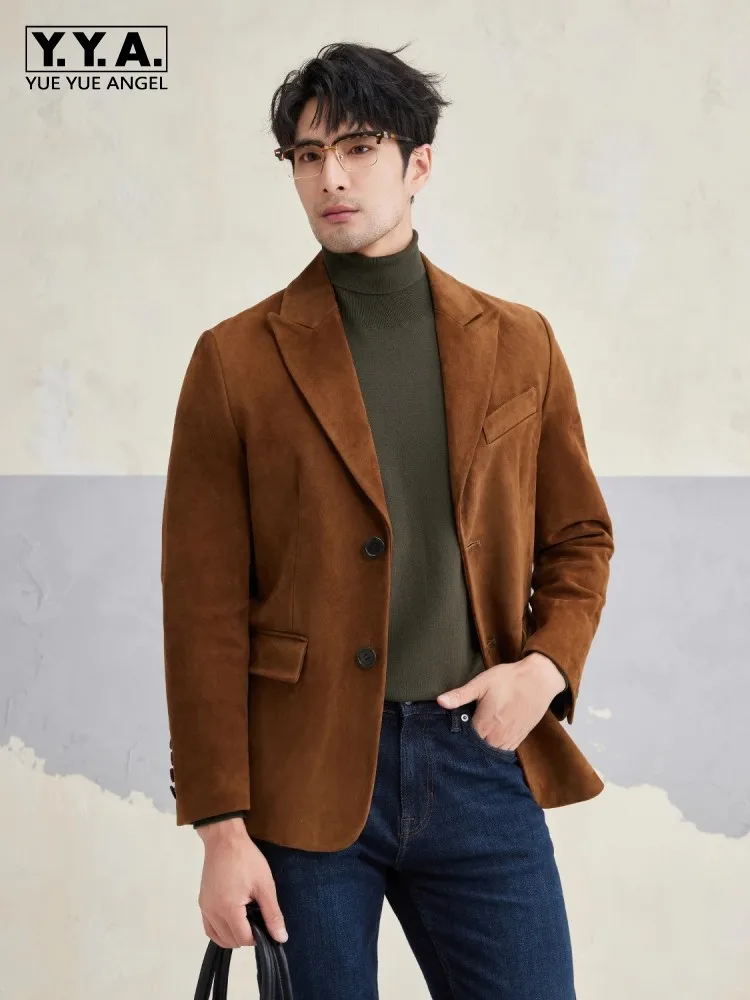 

Роскошная мужская куртка из натуральной замши с зубчатым воротником, однобортный пиджак, деловая повседневная верхняя одежда из натуральной овчины