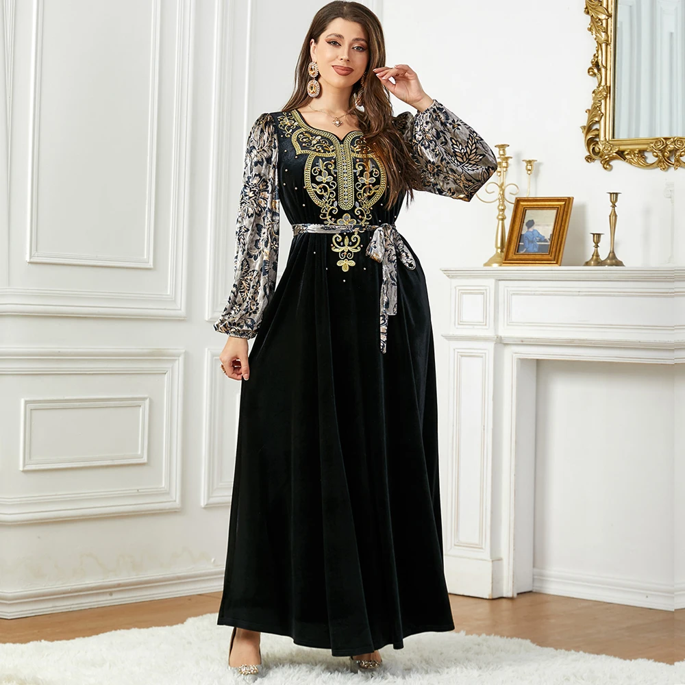 Autumn Winter Velvet Muslim Dress for Women Abaya Beading Split Morocco Party Dress Abayas Arabic Long Robe Thick Vestidos 2023