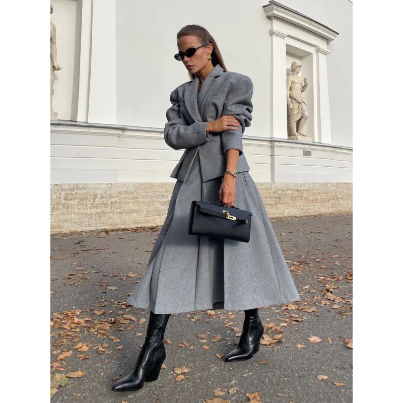 

Элегантное пальто, юбки, комплект, женские серые пиджаки с лацканами и скрытой пряжкой, плиссированная юбка, осень-зима 2021, новые женские офисные наряды