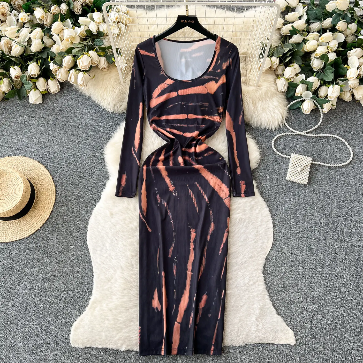 

Autumn 2024 New Design Irregular Contrast Stripes Dress Women Fashion Long Sleeve Printted Slim Fit Long Dress For Autumn Spring