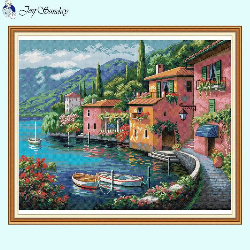 Casa colorata dopo l\'acqua Paesaggio Kit punto croce 14CT Contato 16CT 11CT Tela stampata DMC Filo ricamo Decorazioni per la casa fai da te