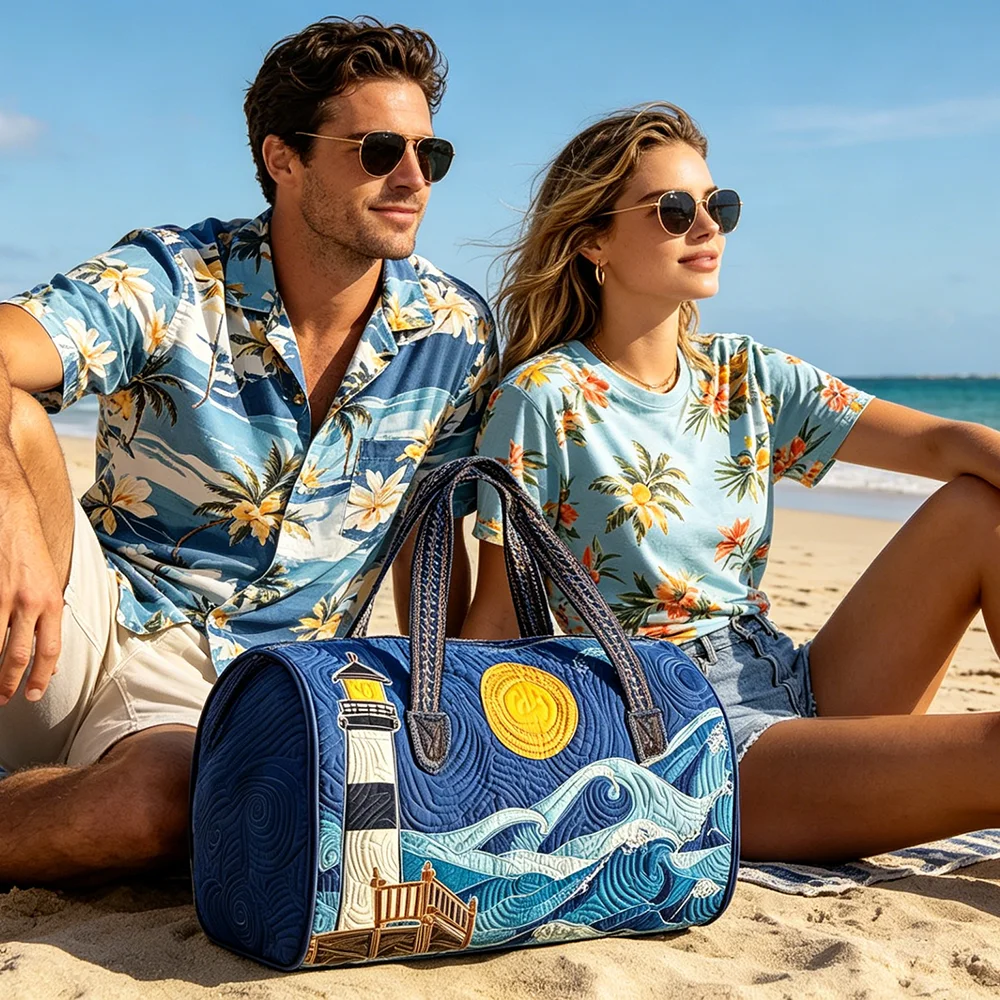 

3D Printed Quilted Duffel Bag Nautical Anchor Lighthouse Canvas Overnight Bag for Vacation Gym Beaches Lightweight Carry On