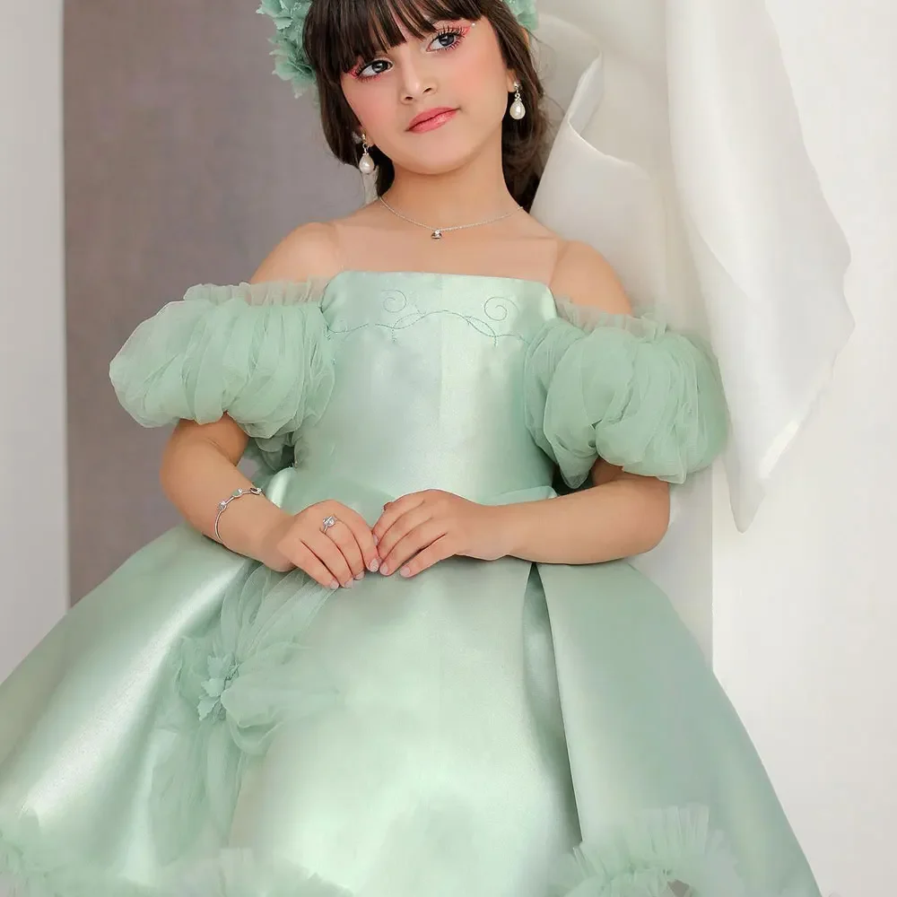 Fashion Sage Green Flowers Girl Dress for Wedding Off the Shoulder High-Low Length Baby Birthday Party First Communion Dress