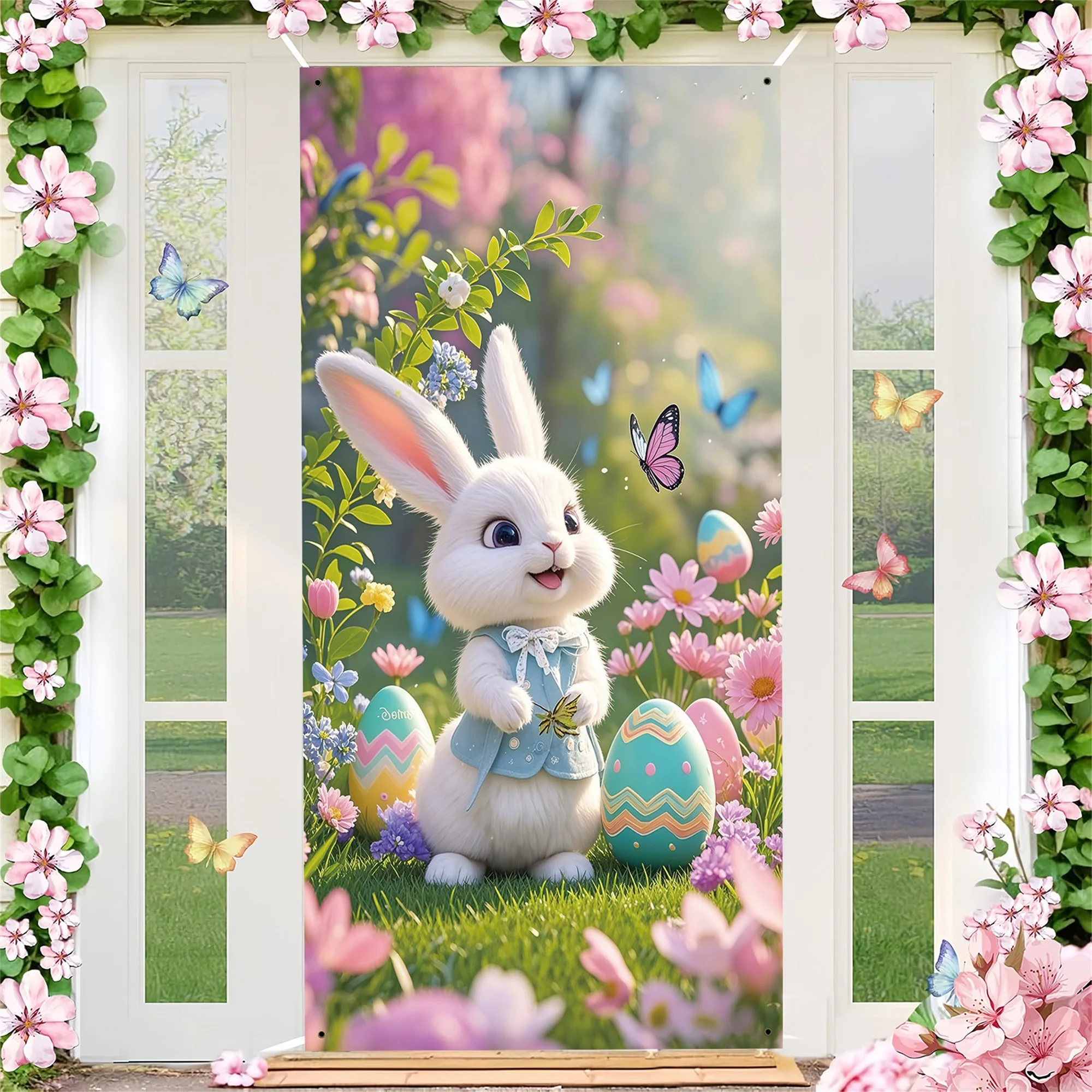 غطاء باب أرنب عيد الفصح، لافتة شرفة ملونة للعطلات المبتكرة لديكور حفلات المنزل والمكتب والمدرسة #2