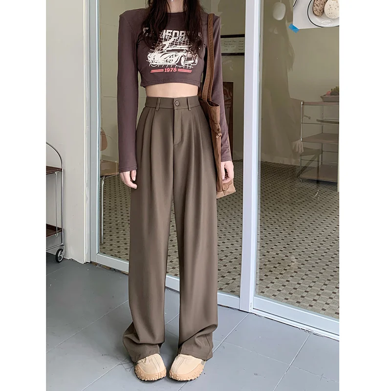 Grey Black Straight Suit Pants Women's Spring And Autumn Elastic Waist Loose Office Lady High Waist Trousers Wide Leg Pants