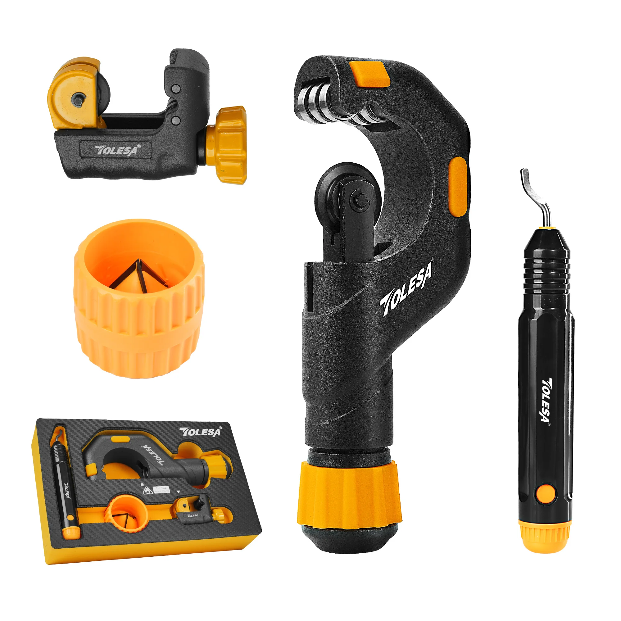 TOLESA 4PCS Pipe Cutter Tool Set, 1/8''-2'' Copper Pipe Cutters With Deburring Tools Pipe Reamer, Tubing Cutter For Aluminum PVC