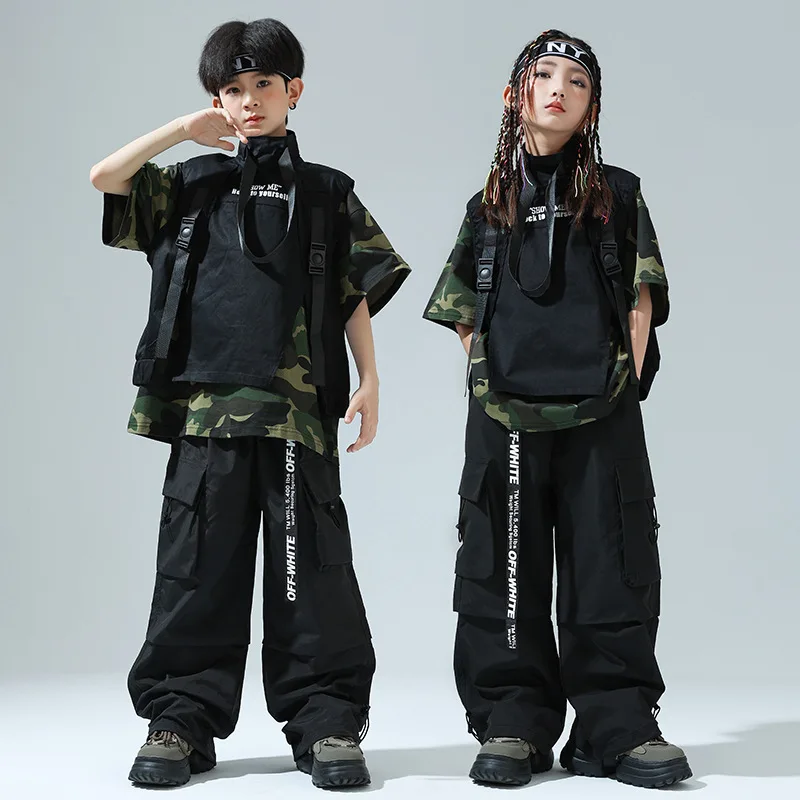 

Kid Hip Hop Clothing Black Sleeveless Jacket Vest Green Camo T Shirt Casual Cargo Pants for Girl Boy Jazz Dance Costume Clothes