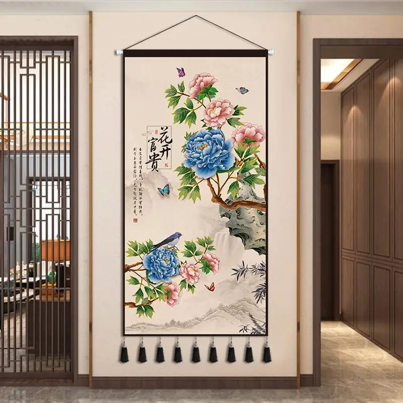 New Chinese Style Porch Flower Decoration Tapestry Corridor Mural Modern Minimalist Living Tea Room Vertical Hanging Painting