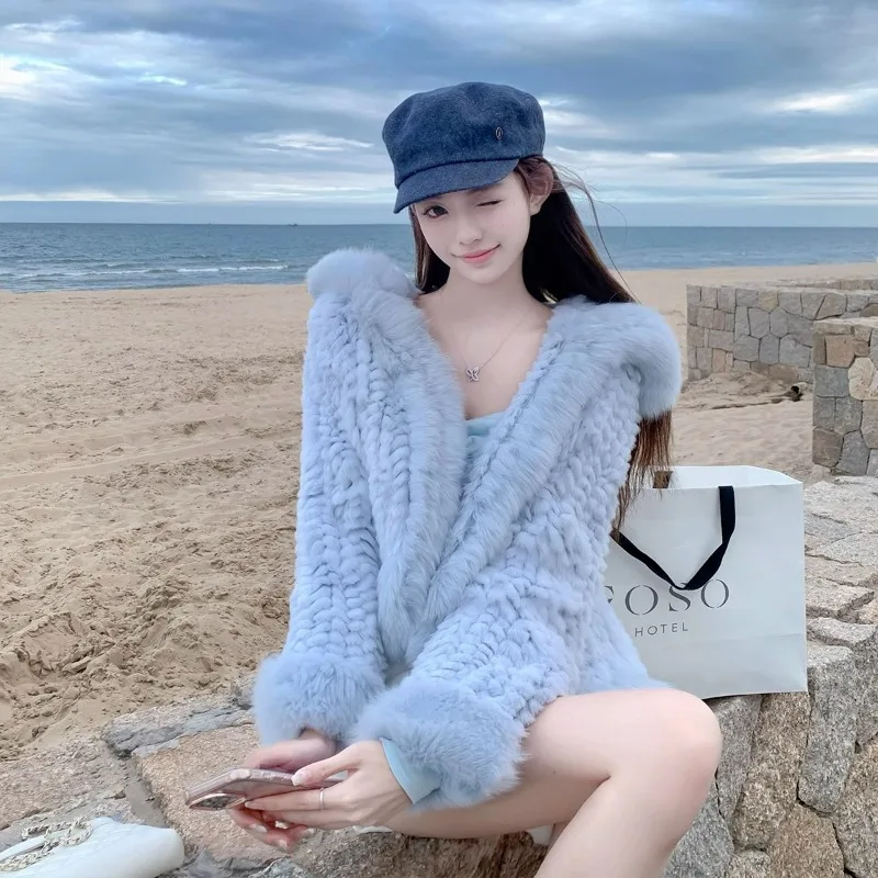 European and American Atmosphere Casual Blue Fluffy Hooded Coat Women's Winter New Warm Solid Color Loose Soft Waxy Commuter Top