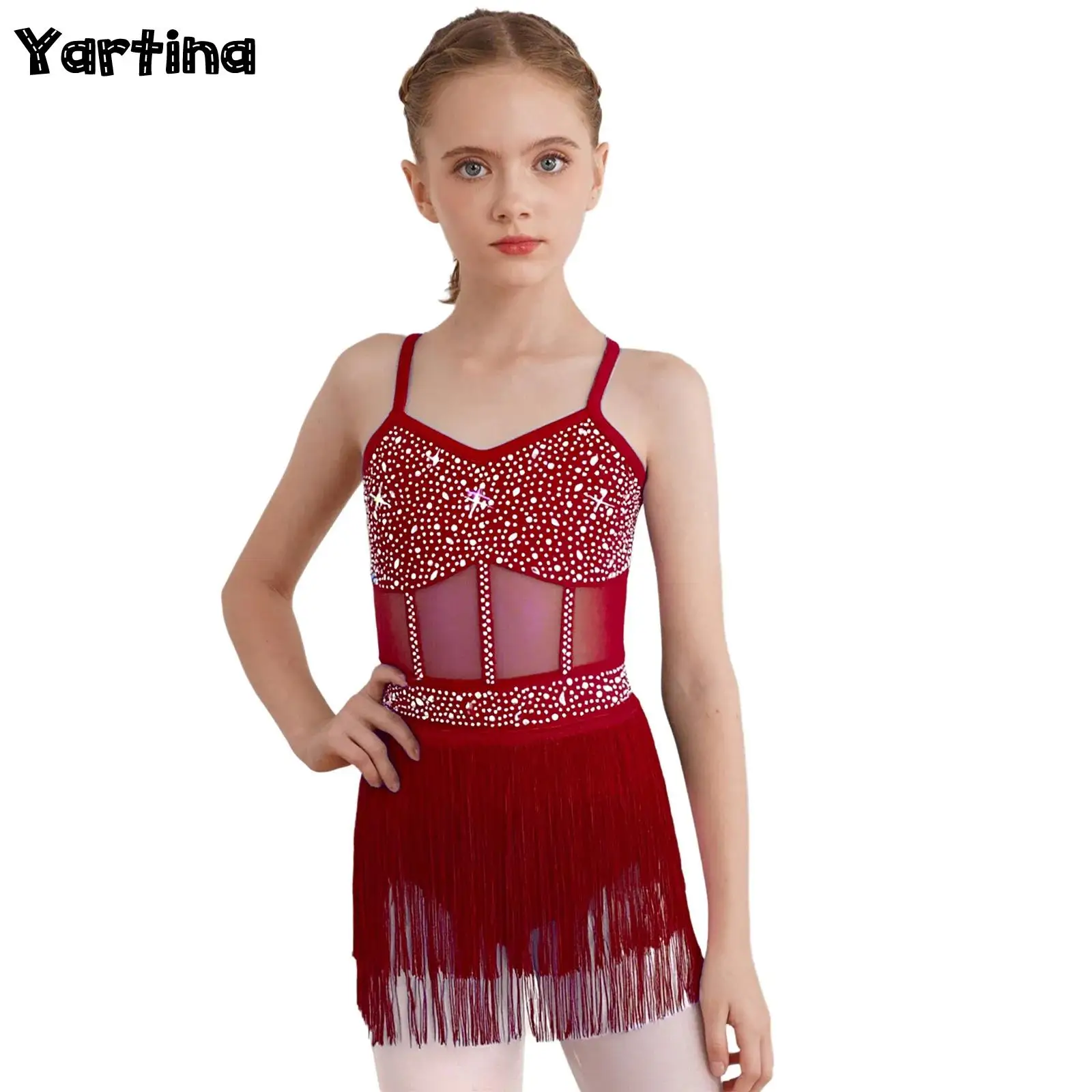 

Детский гимнастический купальник со стразами для девочек, костюм для латинского танго, многоуровневое боди с кисточками и бахромой, платье, танцевальная одежда