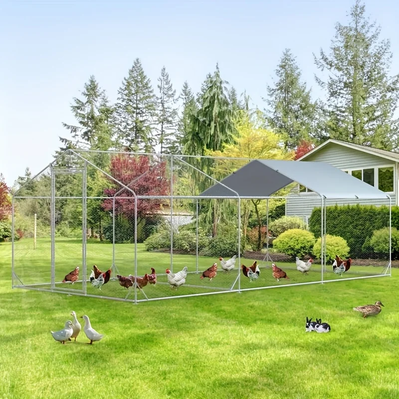 

Large Metal Chicken Coop, Walk-in Chicken Runs for Yard with Water-Resident And Anti-UV Cover, Spire Roof Hen House for Outdoor