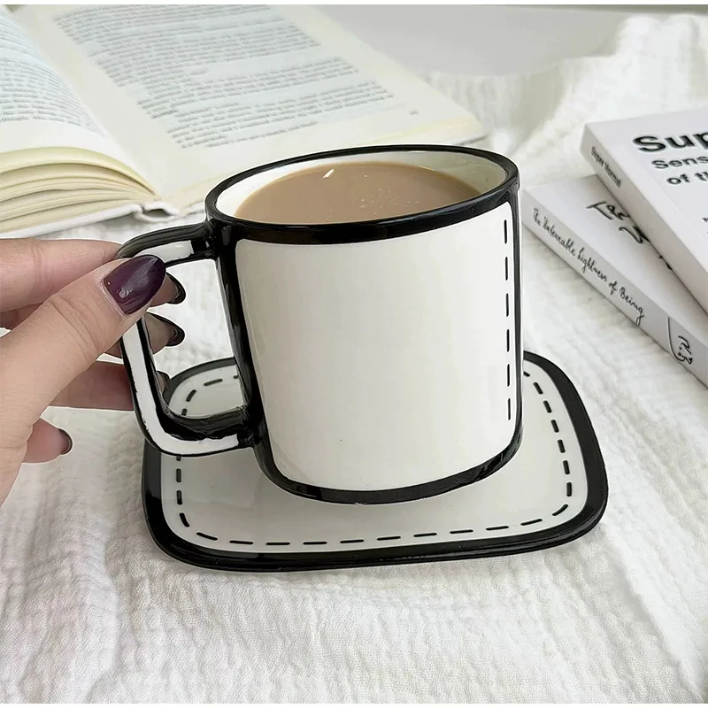 Creative 2D Comic Ceramic Mug Set Cartoon Coffee Cup Saucer Large Capacity Unique Novelty Home Office Daily Use Couple Gift Mug