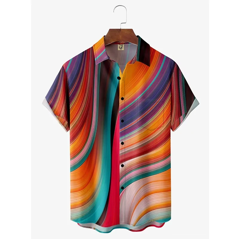 2025 Men's 3D Line Print Hawaiian Shirt Harajuku Y2K Style Oversized Short Sleeve Summer Vacation Ready​