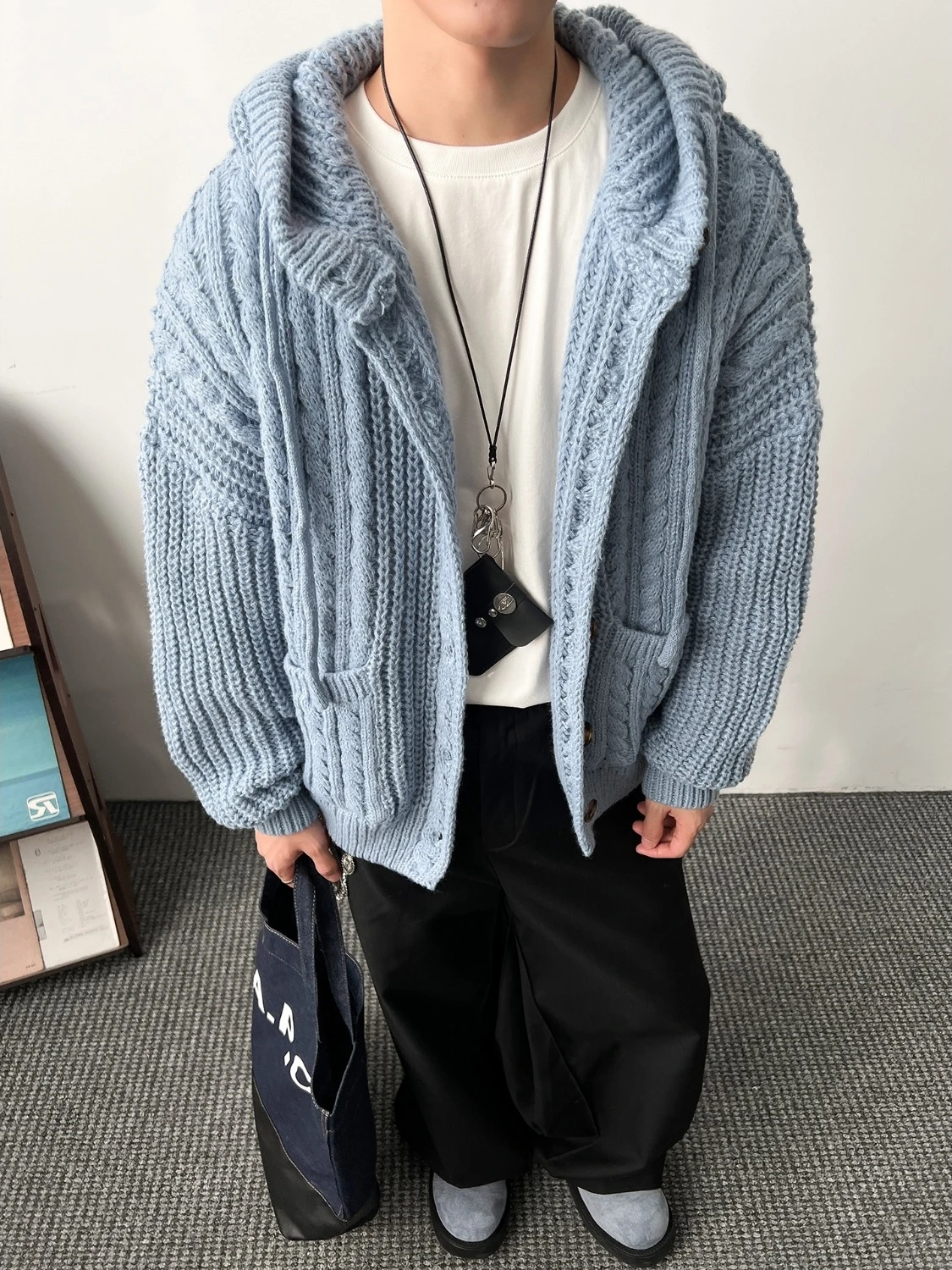 

ay Hooded Open Cardigan Sweater with Large kets Retro American Sle Men Women Knitted Outerwear Autumn Lazy Faion