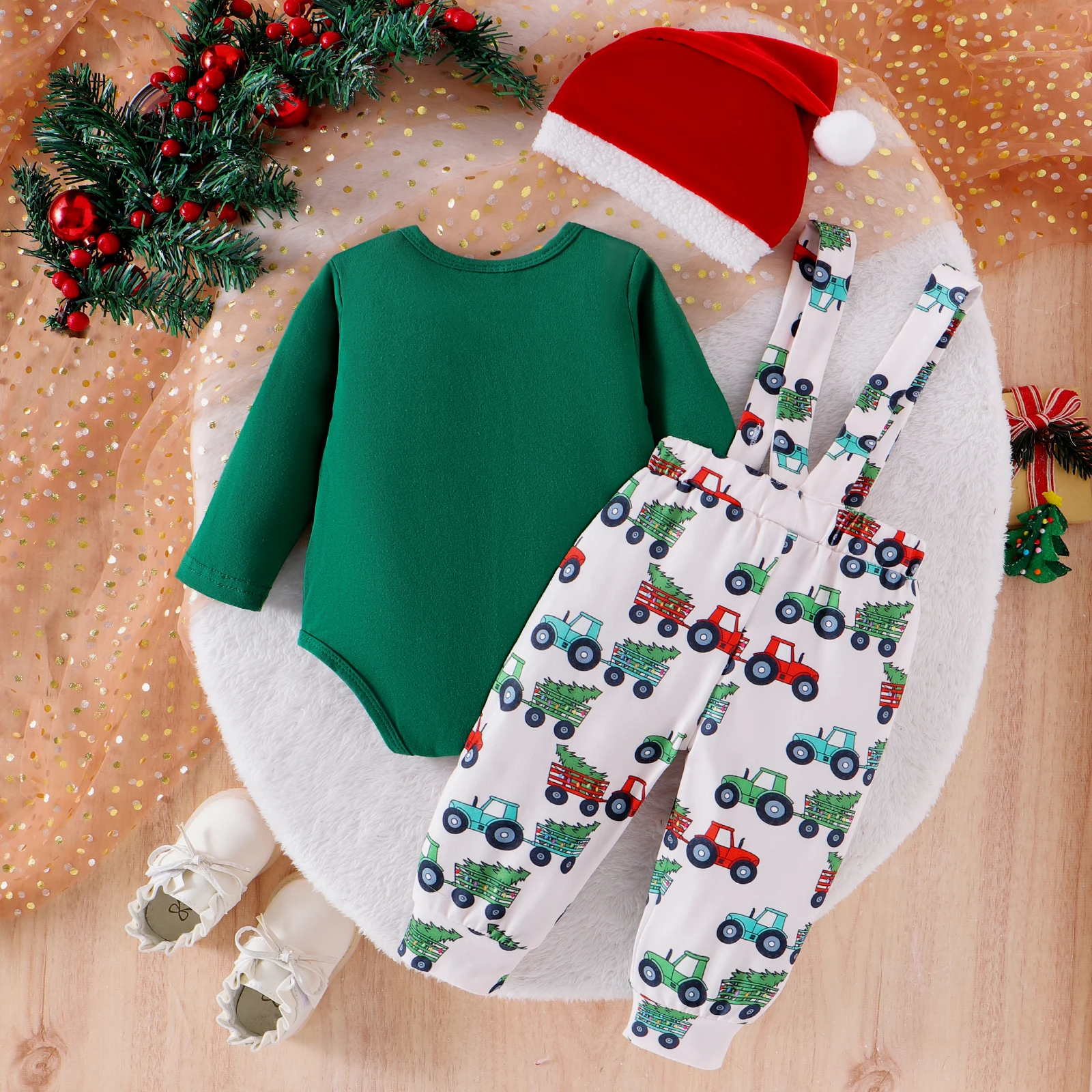 3PCS Autumn New Style Comfortable Casual Printed Long-Sleeved Jacket + Bib Pants For Boys And Babies Aged 0-1. Christmas Set