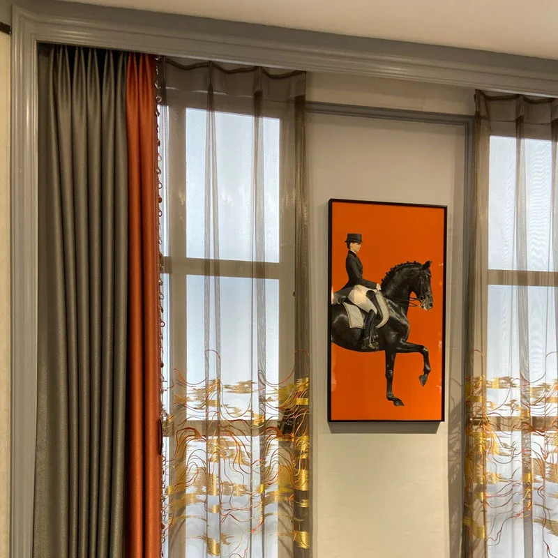 New Solid Color Orange Splicing Atmospheric Living Room, Bedroom and Restaurant Blackout Curtains Gold Thread Landscape