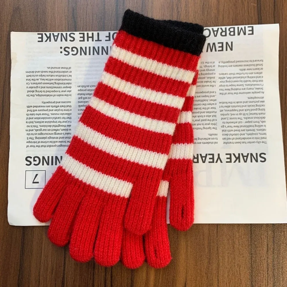 1 Pair Colorful Striped Knitted Gloves Lengthened Thickened Full Fingered Gloves Warm Touchable Screen Winter Women's Gloves