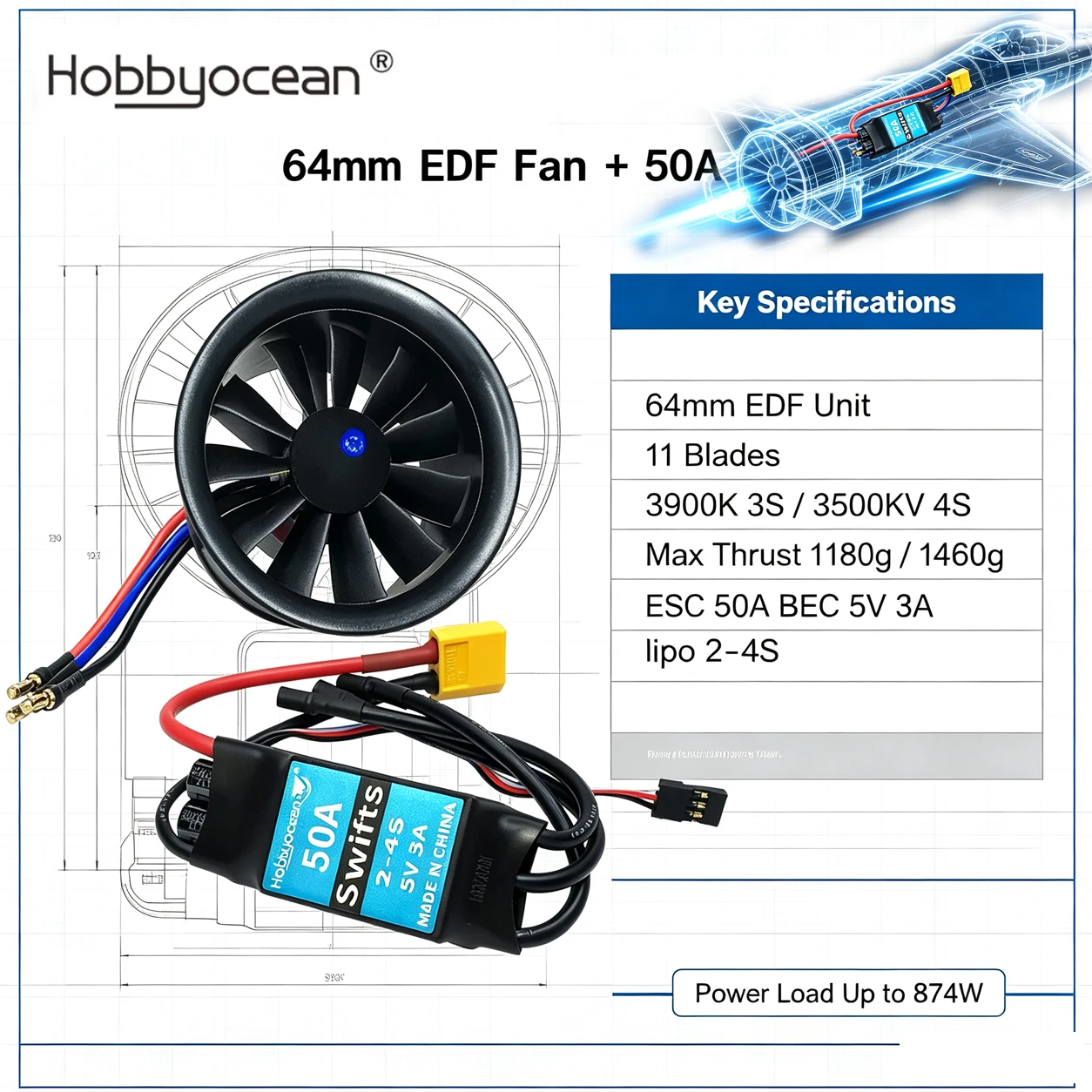 Hobbyocean 64mm EDF Plane Motor with 11 Blades Ducted Fan 4S 3500KV 3S 3900KV 50A ESC for RC Jet Airplane Plane UAV Toy Part