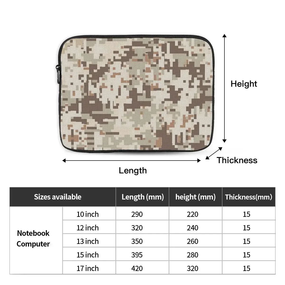 Multicam Shockproof Laptop Sleeve Case, Notebook Cover, saco, Desert Camo, Computador, 10 ", 12", 13 ", 15", 17"