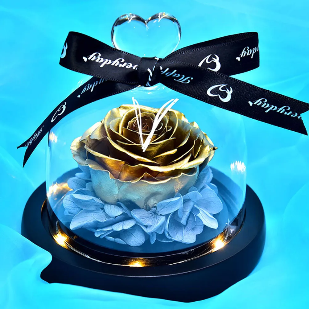 

Glowing Decor Golden Glass Cover Desktop Home Ornament Valentine'S Day Gift For Women Artificial Flower