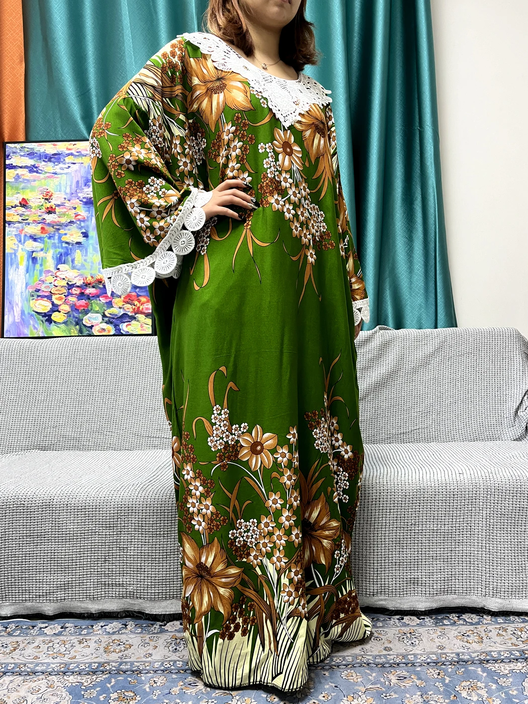 Muslimische Abayas für Frauen 2024 florale Baumwoll spitzen applikationen lose Femme Robe afrikanische traditionelle Kleider mit großem Schal Schal