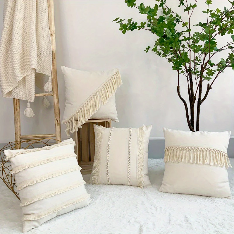 Geometric Pattern Throw Pillowcase Cotton Blend Boho Tassel Decorative Pillowcase Solid Beige Warm Tufted Home Pillowcase