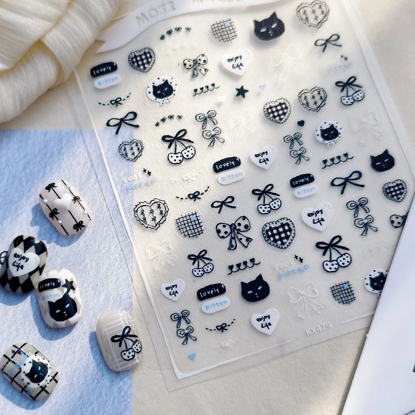 Lindo gato negro línea encaje Bowknot cereza Gird encantador romántico estrella Gird gatito autoadhesivo pegatinas para decoración de uñas calcomanías de manicura