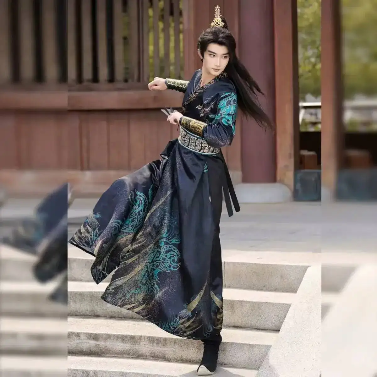 Prince Hanfu Cosplay Costume Traditional Chinese Cross Collar Wuxia Martial Clothing with Ancient Bronze Ware Elements for Men view 6