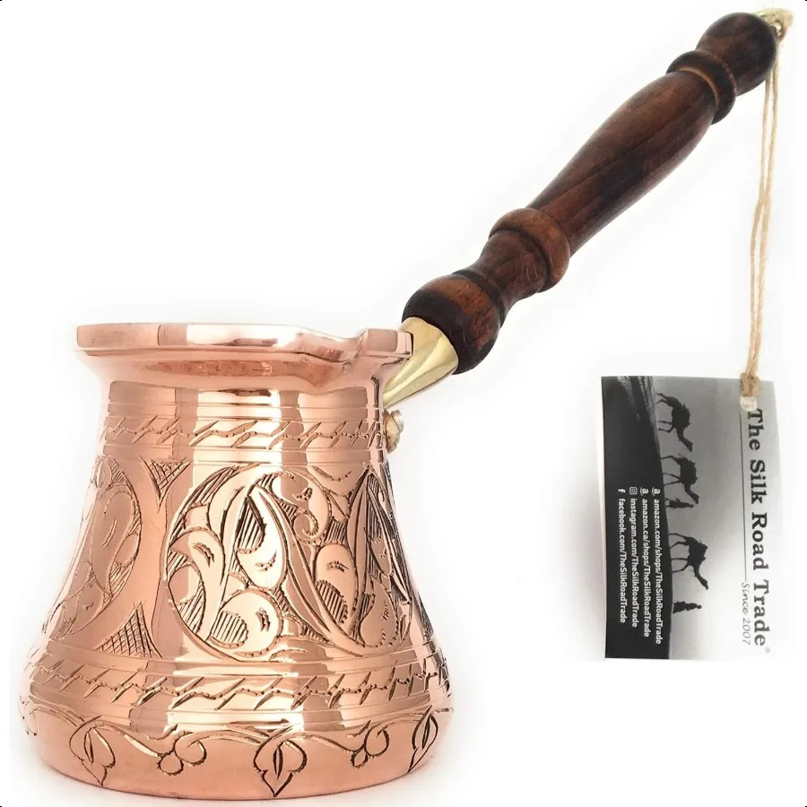 

PC Series Large 14 fl oz Thickest Solid Copper Engraved Turkish Greek Arabic Coffee Pot Wooden Handle Heavy Duty Stovetop Coffe