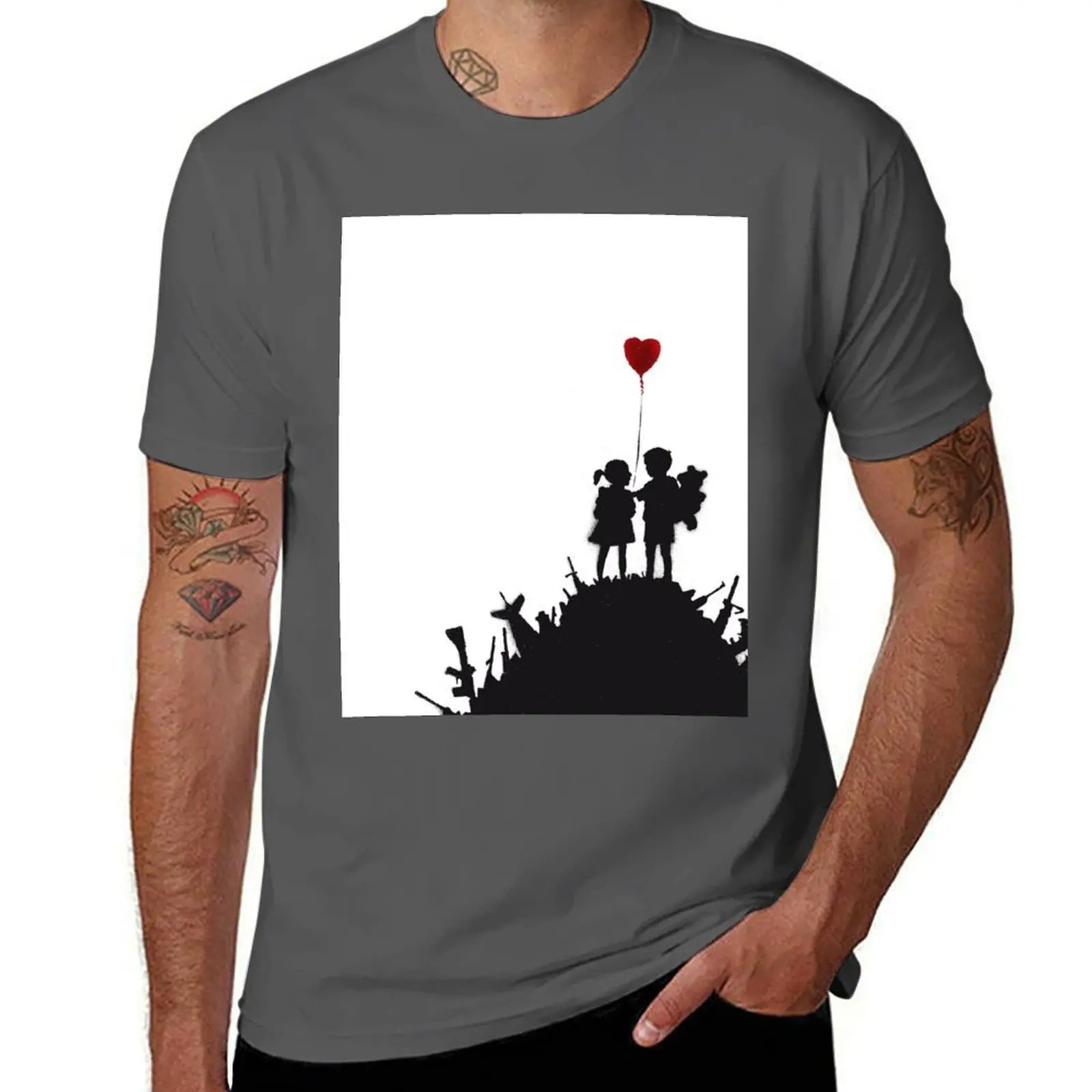 

Banksy graffiti children boy and girl with heart balloon on a pile of weapons Art for Kids, just a platform HD T-Shirt