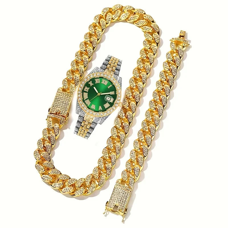Fashion Rhinestone Men's Watch & Cuban Chain Necklace & Bracelet Set, Hip Pop Watch SetFashion Watch