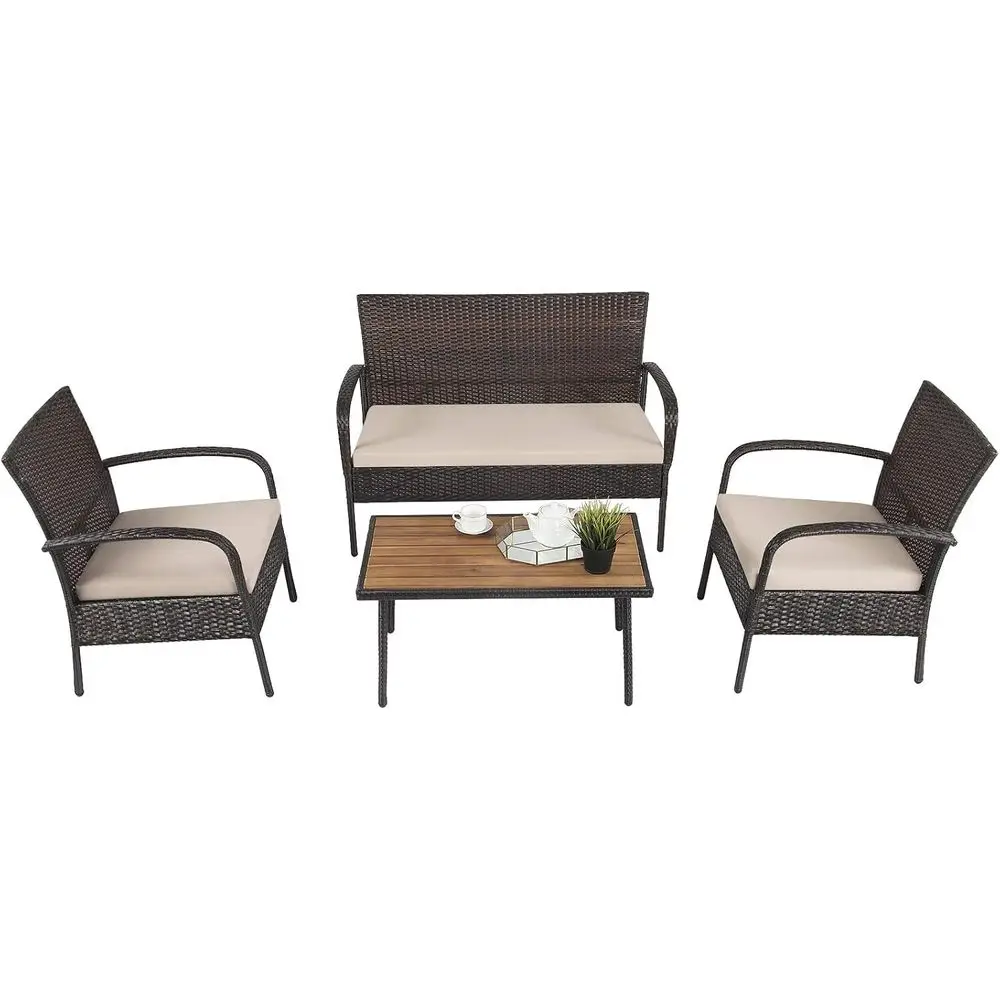 4-Piece Outdoor Rattan Furniture Set with Cushions and Coffee Table