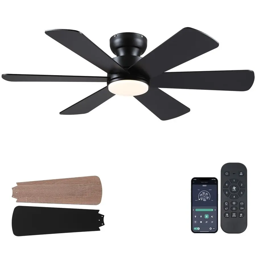 

46 inch Ceiling Fans with Lights, Black Ceiling Fan with Remote APP, DualSided Modern Rustic 6 Blades, Reversible, 3CCT, Flush M