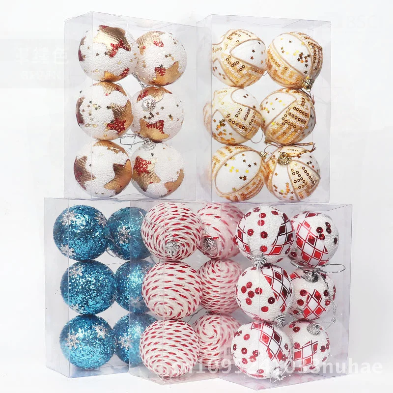 

6cm Foam Christmas Balls 6 Pack Sticky Powder Winding Decorations Light Luxury Holiday Pendants for Tree Decoration